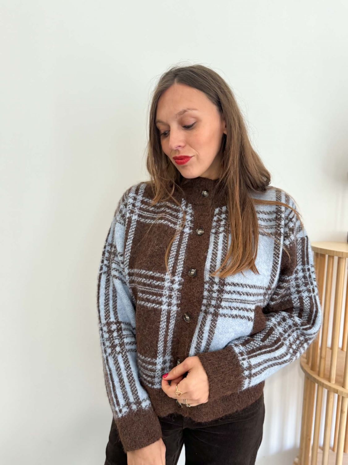 Gilet marron imprimé bleu ciel