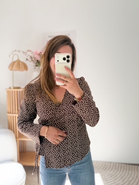 Blouse cache coeur marron fleurs