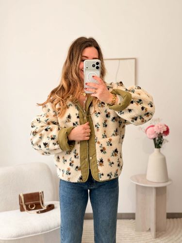 Veste réversible bouclette fleurie - Kaki