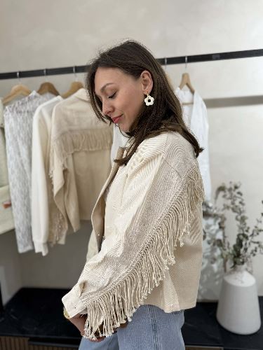 Veste jeans écru à franges