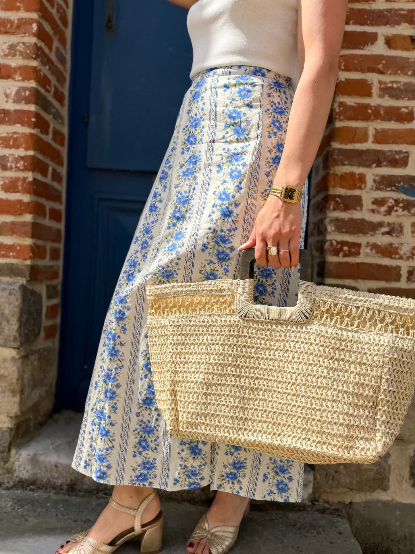 Jupe longue fleurs bleues