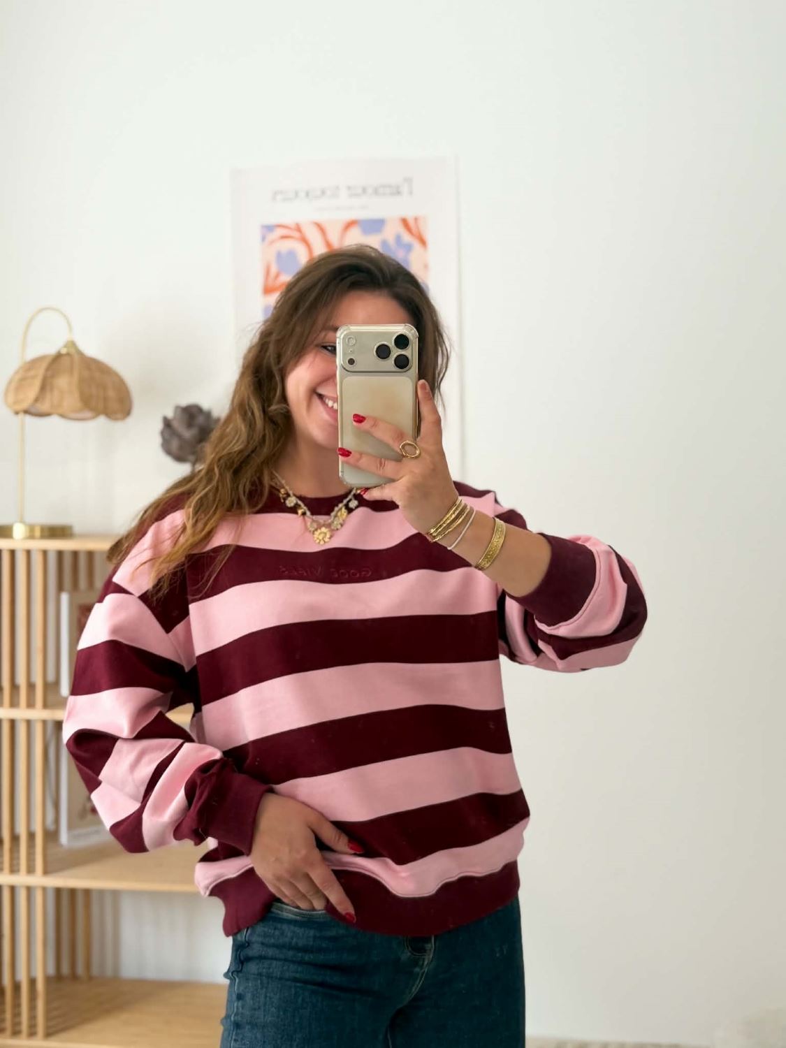 Pull GOOD VIBES marinière rose bordeau