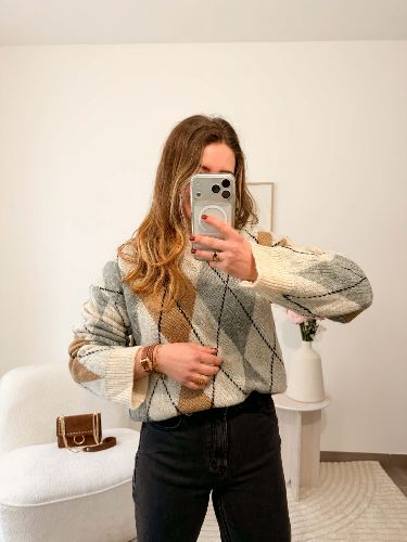 Pull à carreaux - Beige