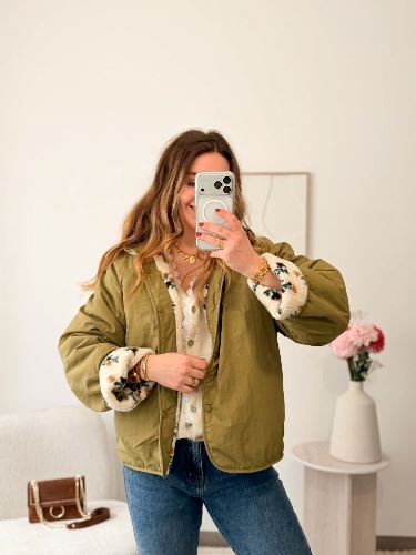 Veste réversible bouclette fleurie - Kaki