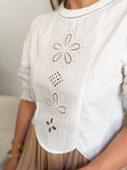 Top blanc ballon broderie