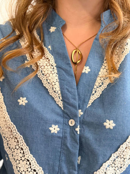 Blouse à broderie - Bleu et écru