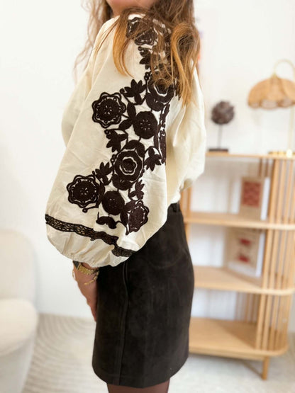 Blouse velours - Broderie marron