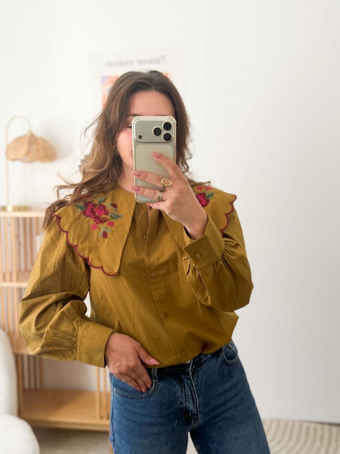 Blouse Claudine kaki points de croix