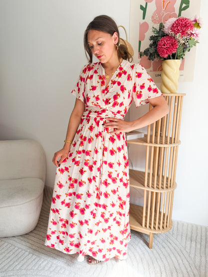Robe longue fleurs camel et rose