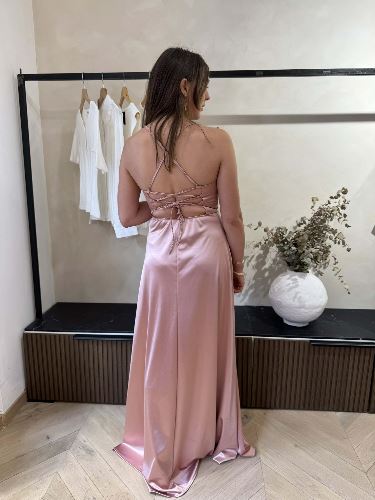 Robe longue satinée - Rose poudré