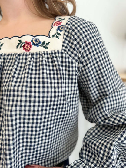 Blouse vichy col carré - Bleu