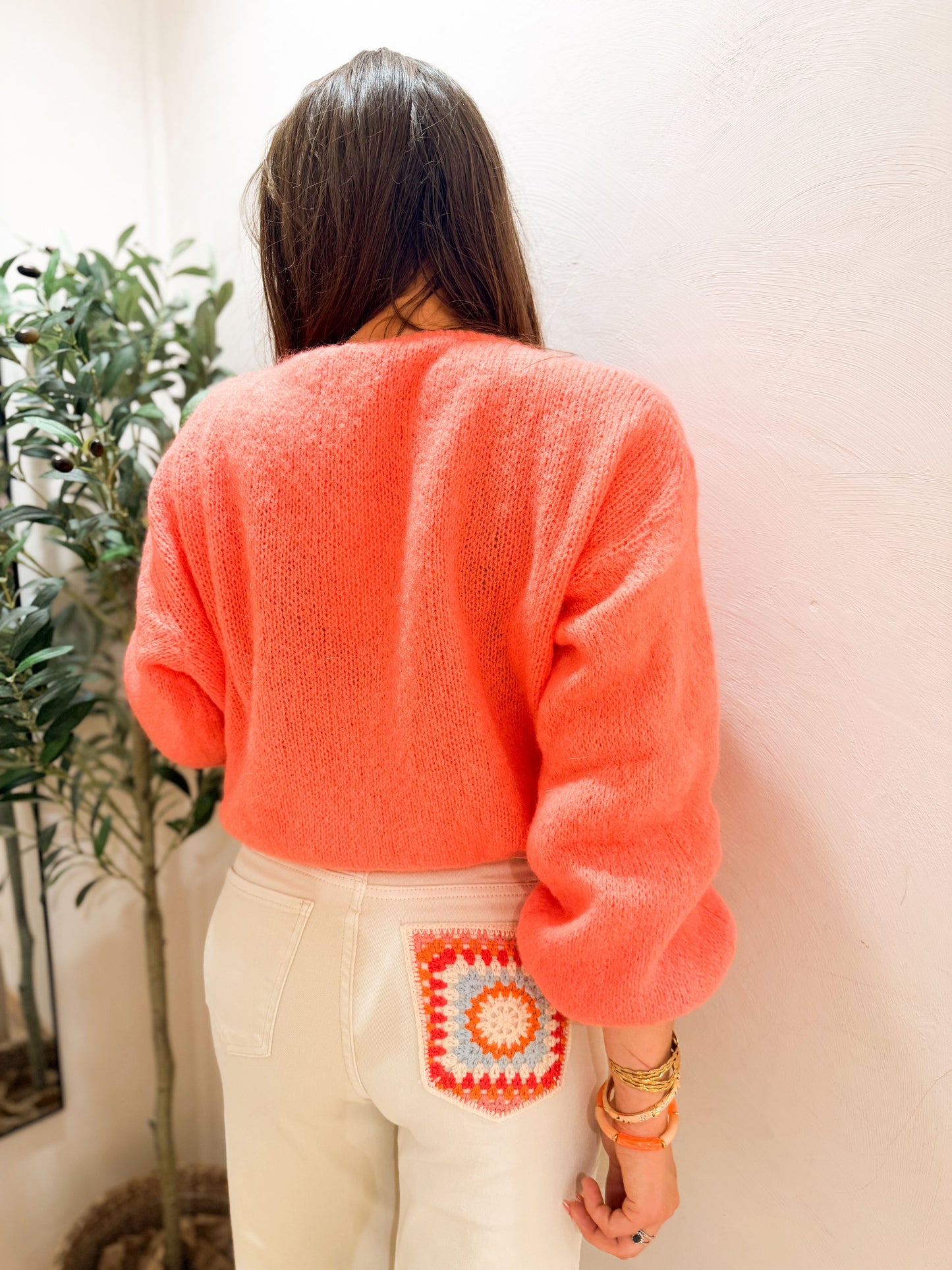 Jean ecru broderie orange et rose