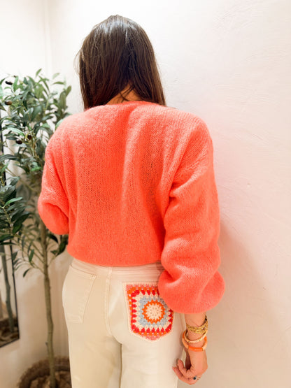 Jean ecru broderie orange et rose