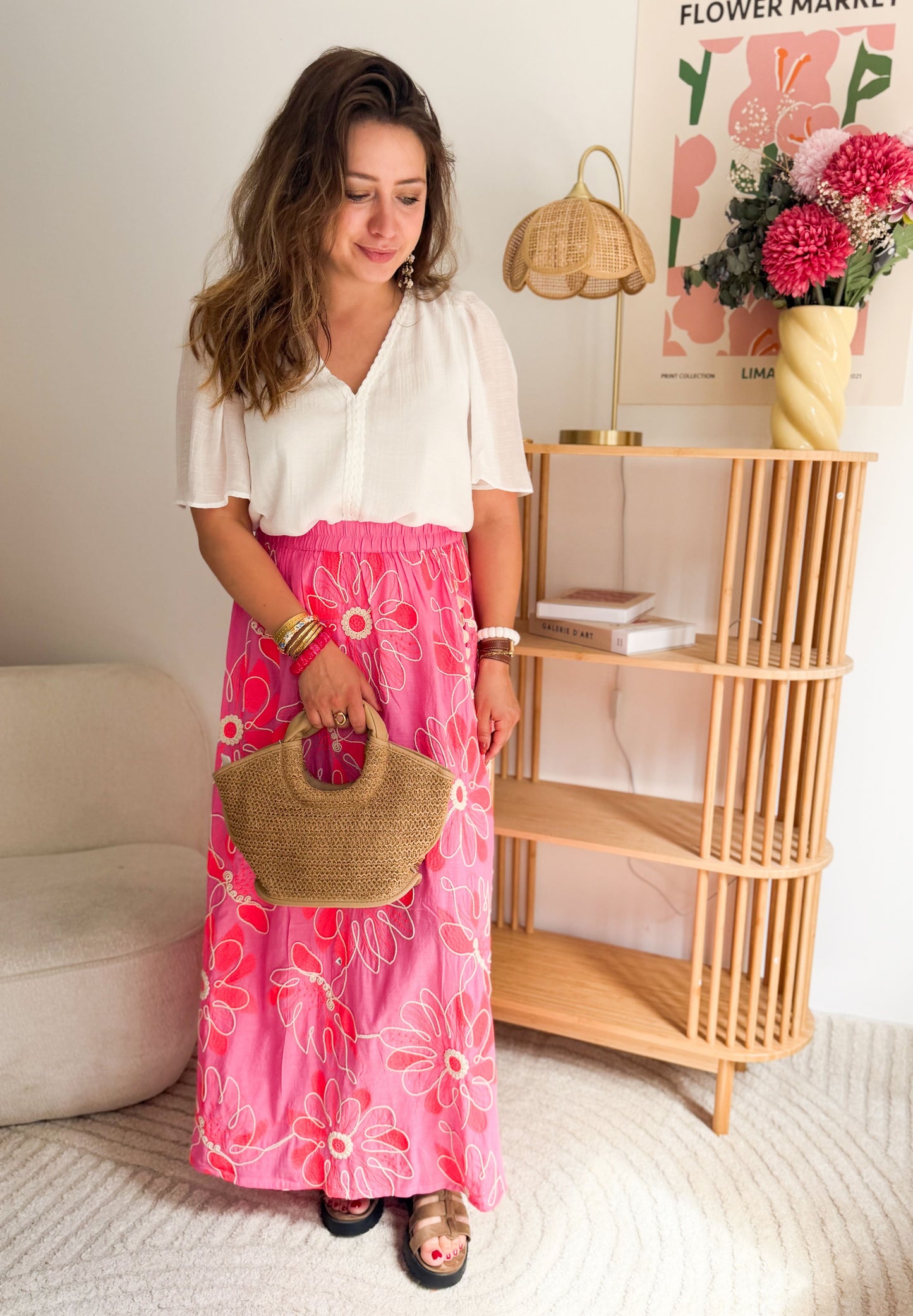 Jupe longue rose brodée