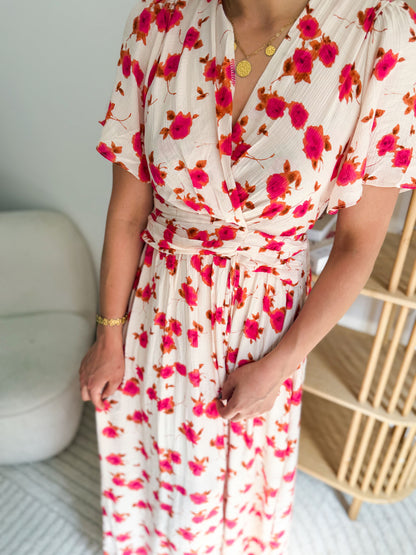 Robe longue fleurs camel et rose