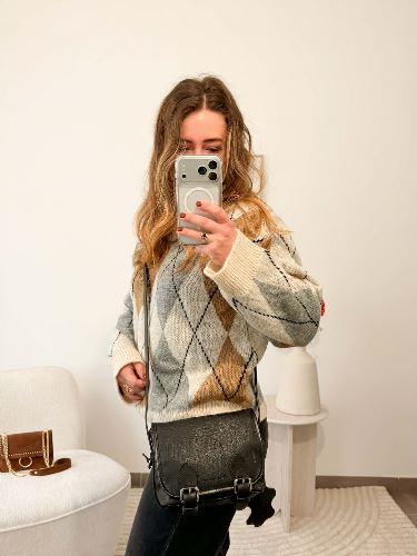 Pull à carreaux - Beige