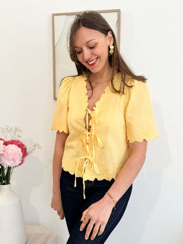 Blouse en lin broderie à nouer - Jaune