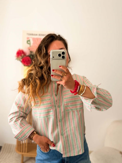 Chemise rayures vert menthe et rose pastel