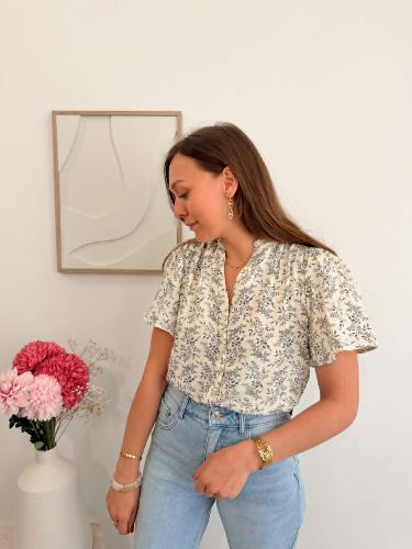 Blouse gaz de coton feuillage bleu