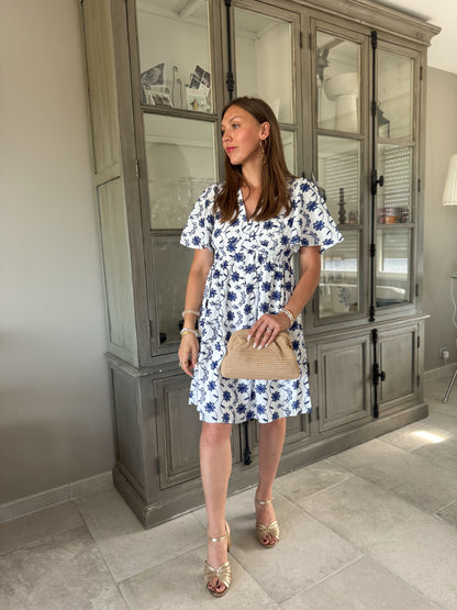 Robe ecru broderie bleu marine