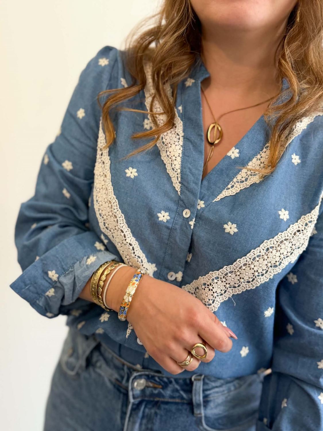 Blouse à broderie - Bleu et écru