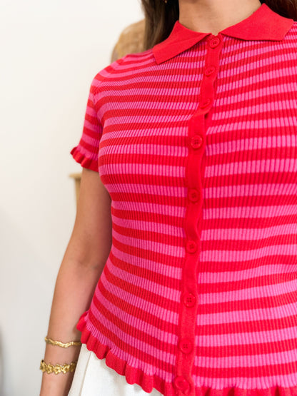 Haut maille rose et rouge