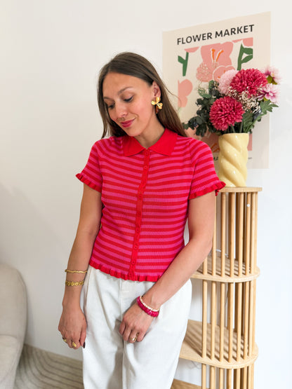Haut maille rose et rouge