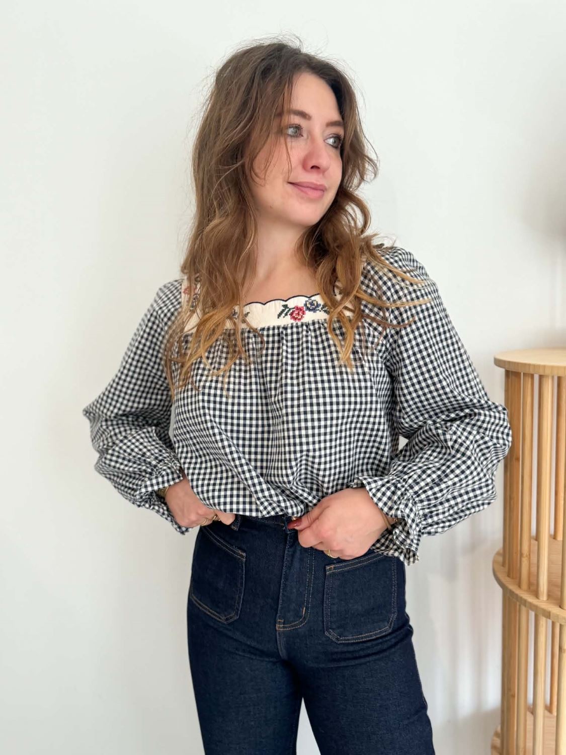 Blouse vichy col carré - Bleu