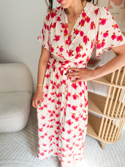Robe longue fleurs camel et rose