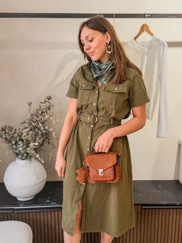 Robe en jean à boutons - Kaki