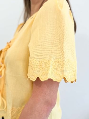 Blouse en lin broderie à nouer - Jaune