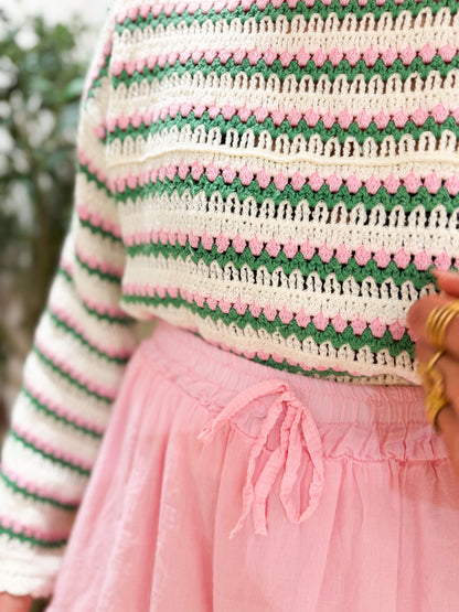 Blouse crochet écru vert rose