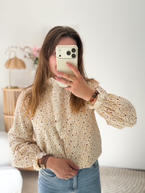 Chemise imprimé fleurs jaune bordeau