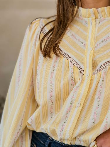 Chemise rayures jaunes et fleurs roses