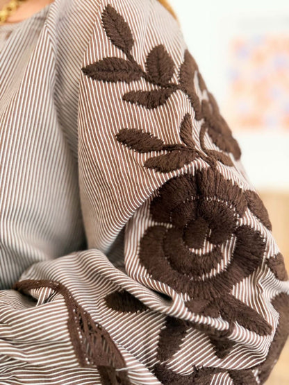 Blouse rayée à broderie choco