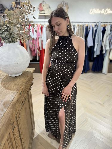 Robe longue marron a pois blancs