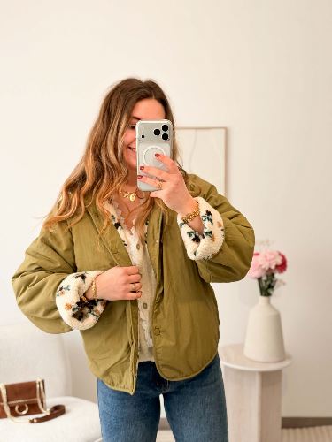 Veste réversible bouclette fleurie - Kaki