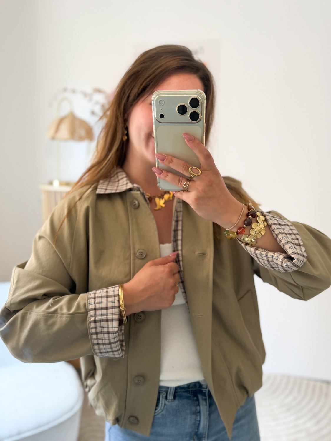 Trench court col carreaux - Taupe