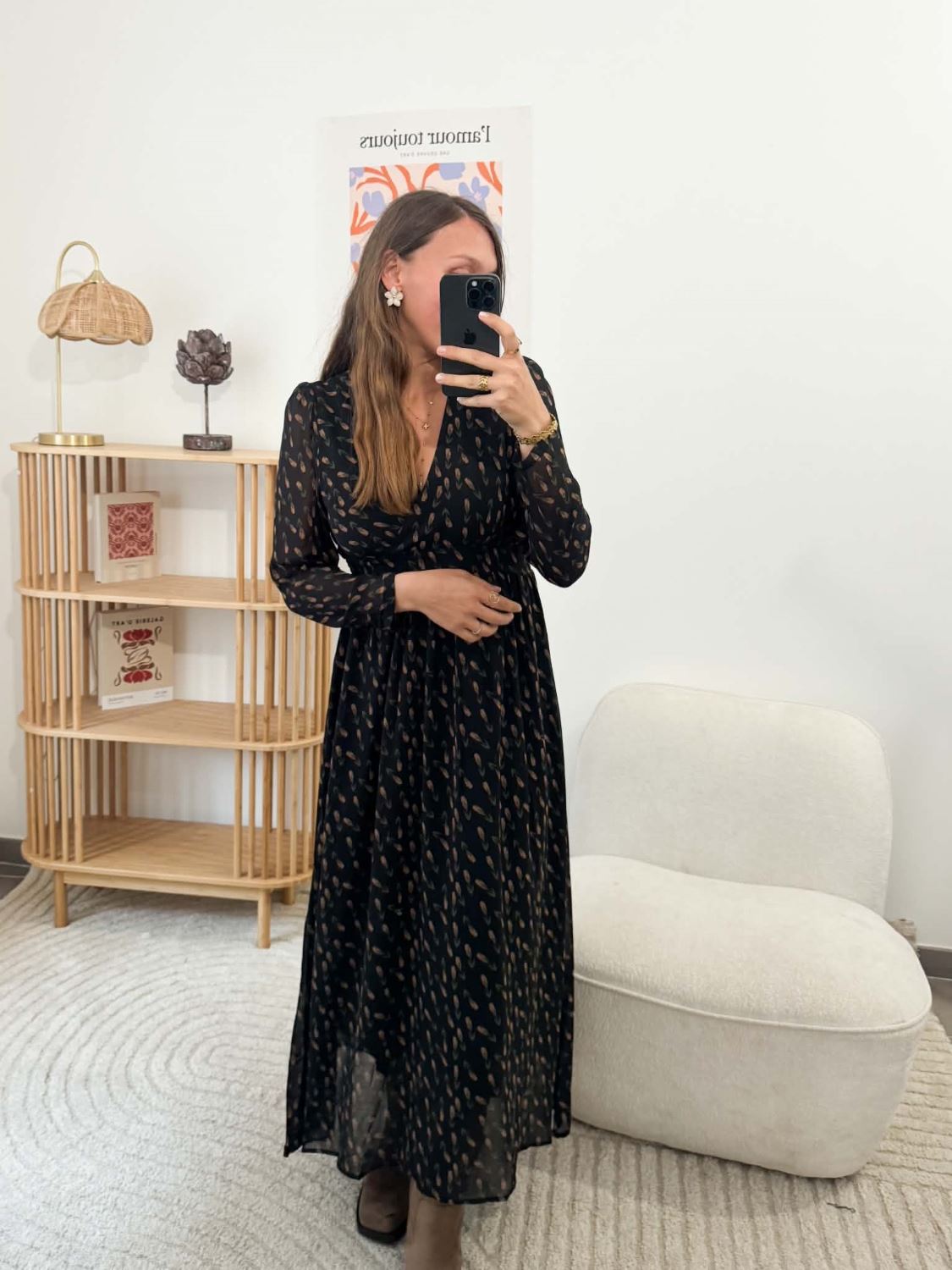 Robe imprimée fluide longue noir