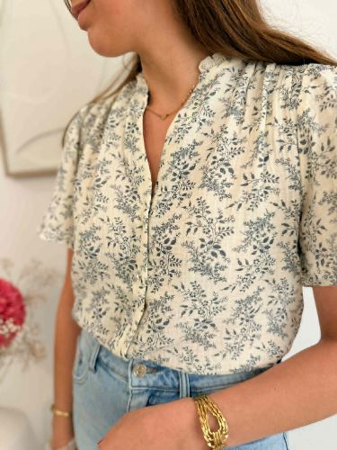 Blouse gaz de coton feuillage bleu