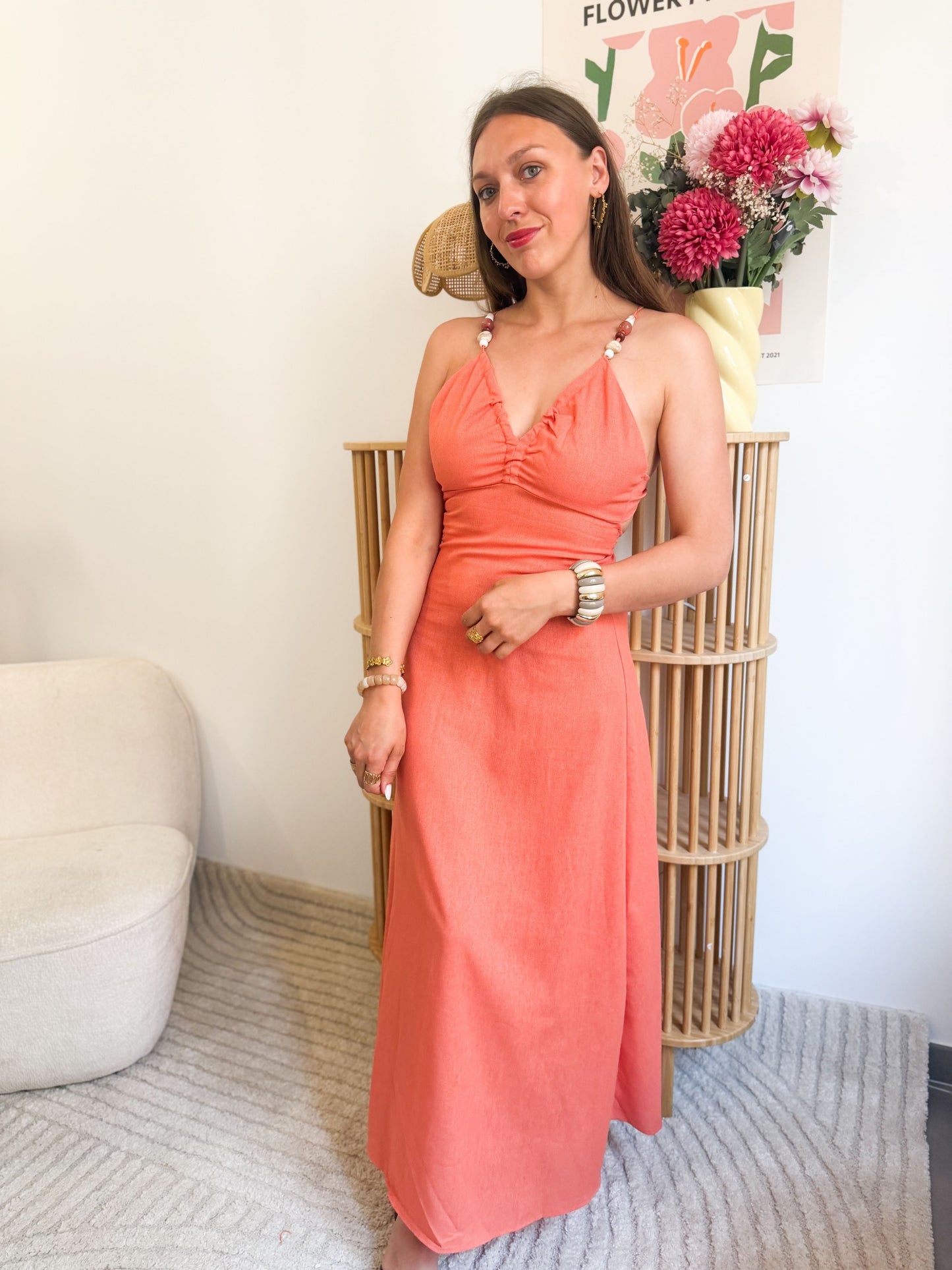 Robe longue orange bretelles pierres