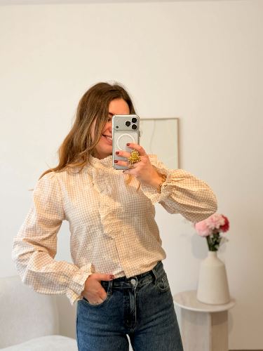 Blouse à carreaux - Beige et blanc