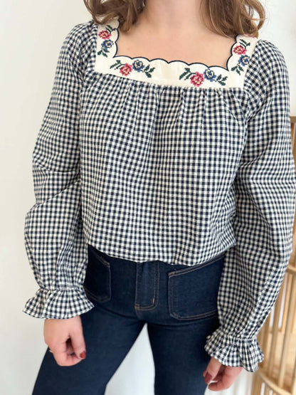 Blouse vichy col carré - Bleu
