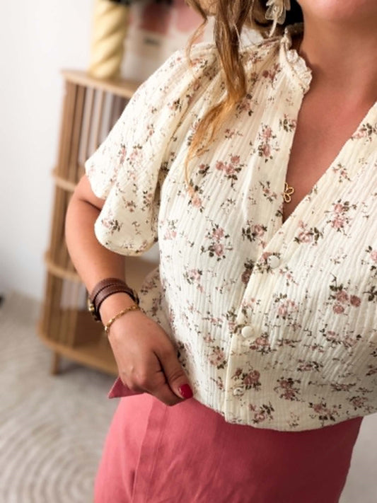 Blouse gaze de coton fleurie vieux rose