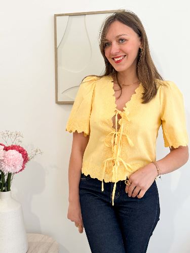 Blouse en lin broderie à nouer - Jaune