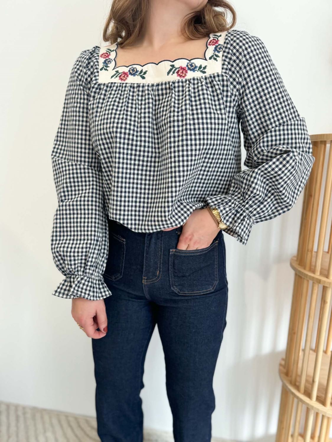 Blouse vichy col carré - Bleu