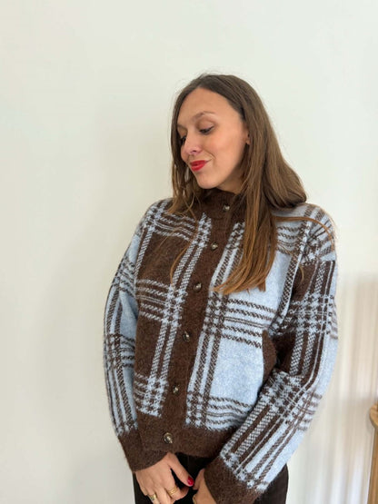Gilet marron imprimé bleu ciel