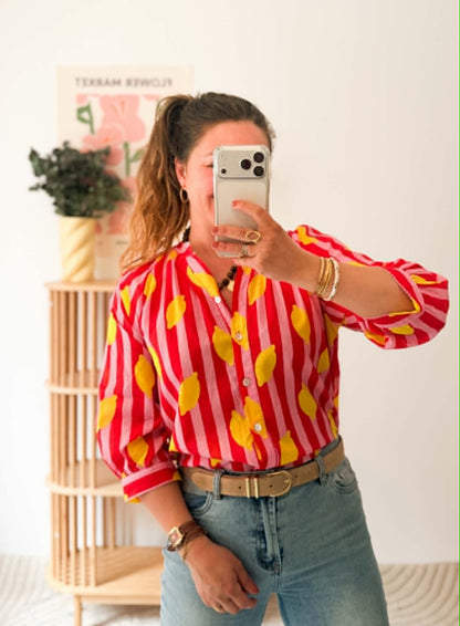Blouse citron rayée rose