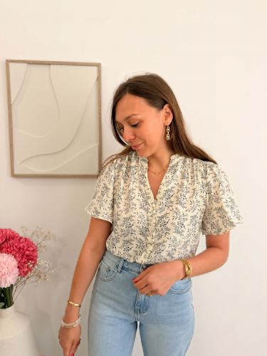 Blouse gaz de coton feuillage bleu