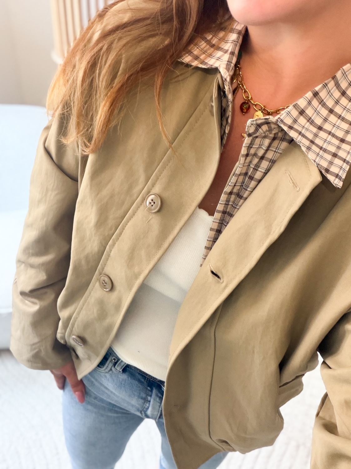 Trench court col carreaux - Taupe